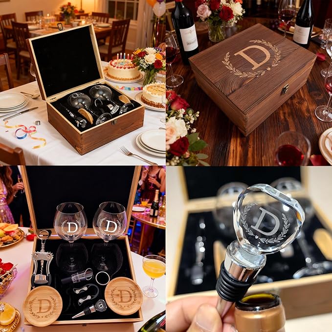 GZLDGIFTS Personalized Initial Wine Glasses Box Gift Set For Women Mom Engraved Birthday Monogrammed Wooden Christmas Gifts Wedding Anniversary Wine Couples Stopper Opener Initial Letterr (S Set)