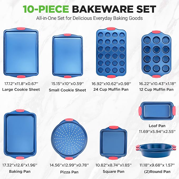 NutriChef 10-Piece Nonstick Bakeware Set - Premium Carbon Steel Baking Pans w/Silicone Handles - Includes Pizza Tray with Holes, 12 & 24 Cup Muffin Pans, Cookie Sheets, Round, Square & Loaf Pan - Blue