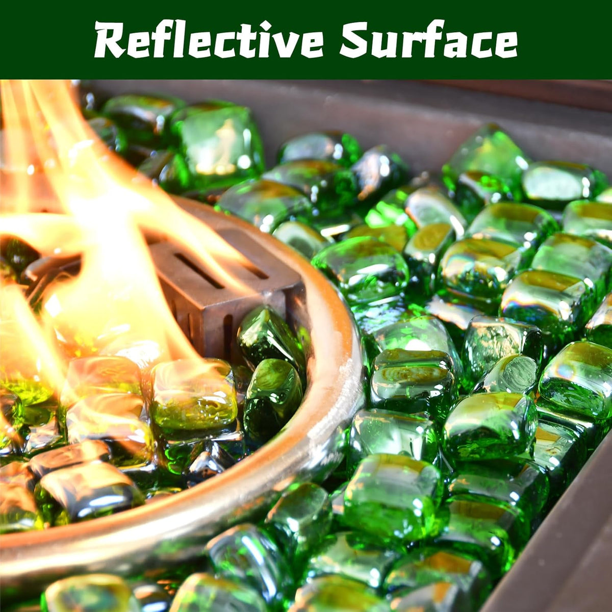 Fire Pit Glass Rocks Square, Fire Glass Cubes, Tempered Beads for Fireplace, Firepit Table Indoor or Outdoor, Replacing Traditional Burning Wood 20 pounds, Green Reflective