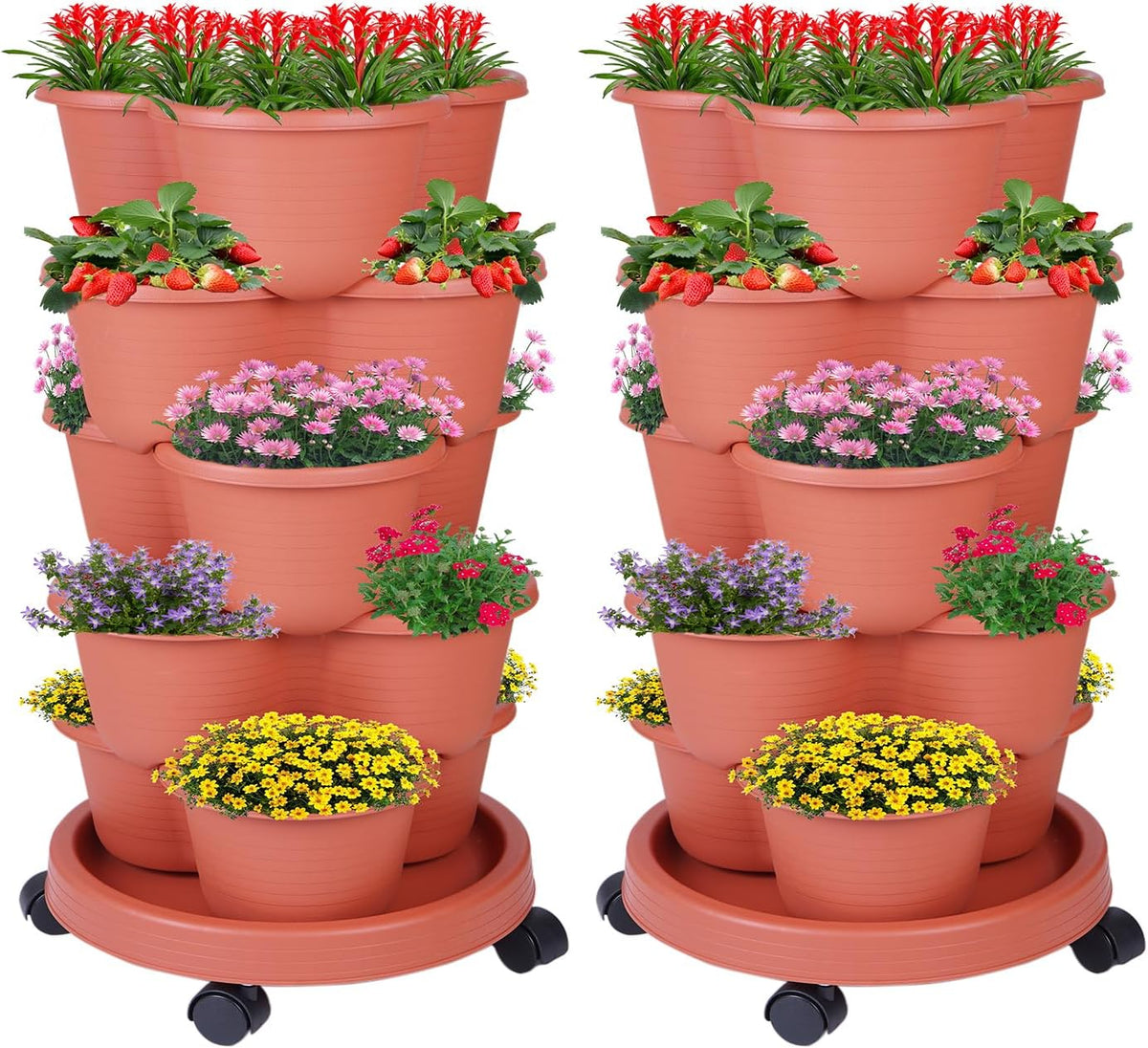 5-Tier Vertical Garden Tower Stackable Planter for Strawberries, Flowers, Vegetables & Herbs 2-Pack