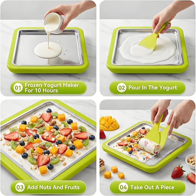 Rolled Ice Cream Maker, Manual Ice Cream Tray for Homemade Frozen Yogurt and Sorbet, Food Grade Ice Cream Roller for Family (Green)