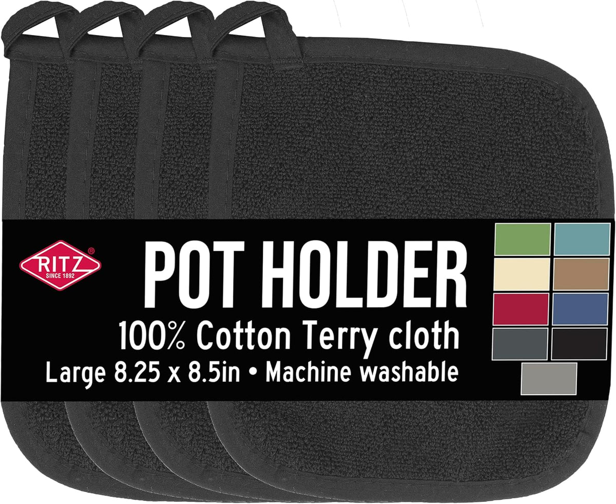 RITZ Terry Potholder & Hot Pad: Unparalleled Heat Resistant, Durable 100% Cotton – Ergonomically Designed for Optimal Grip – Easy-Care Machine Washable – 4-Pack, Black