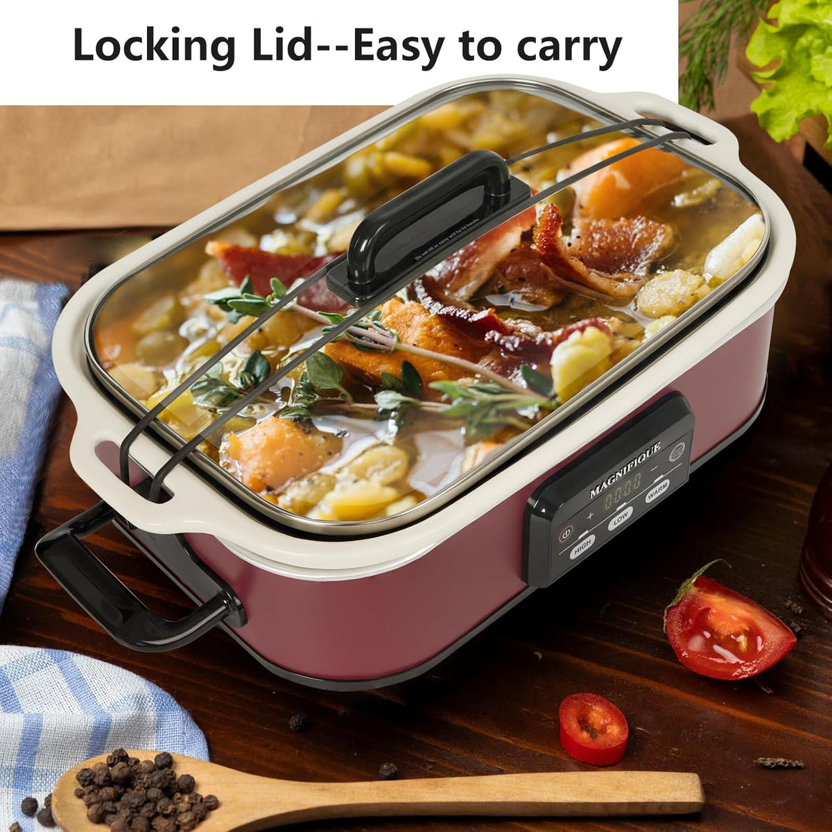 4 Quart Casserole Programmable Slow Cooker with Ceramic Baking Dish - Perfect Kitchen Small Appliance for Family Dinners, Oven Safe and Durable Bakeware for Lasagna, Roasts (Red)