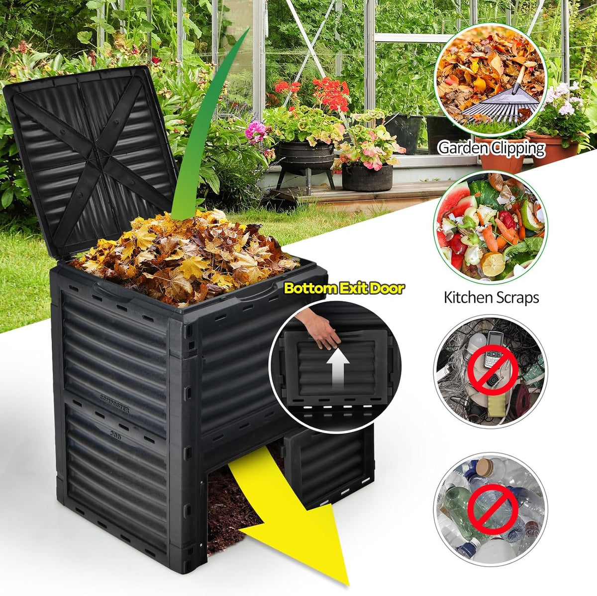 Goplus Compost Bin, 80 Gallon (300 L) Large Outdoor Composting Box w/Top Flip Latch-on Lid, Bottom Exit Door, BPA Free Material, Grass Food Trash Composter Barrel for Garden Yard (Black)