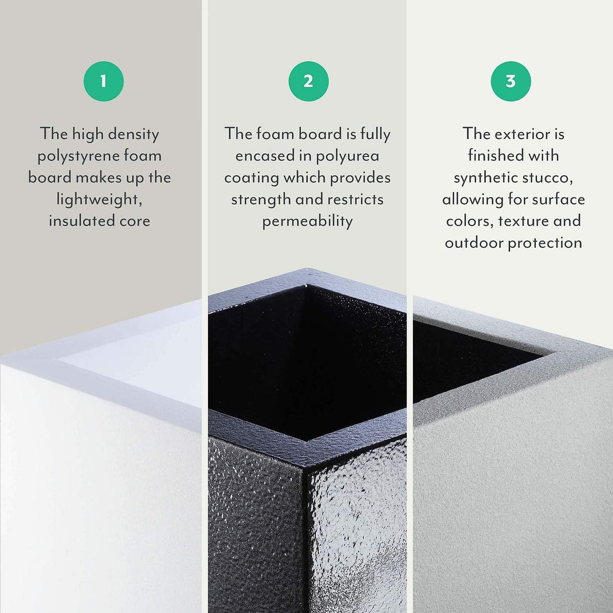 PolyStone Monterray Modern Outdoor/Indoor Square Planter, 23" L x 23" W x 19" H, Lightweight, Heavy Duty, Weather Resistant, Polymer Finish, Commercial Grade and Residential (Sandstone Granite)