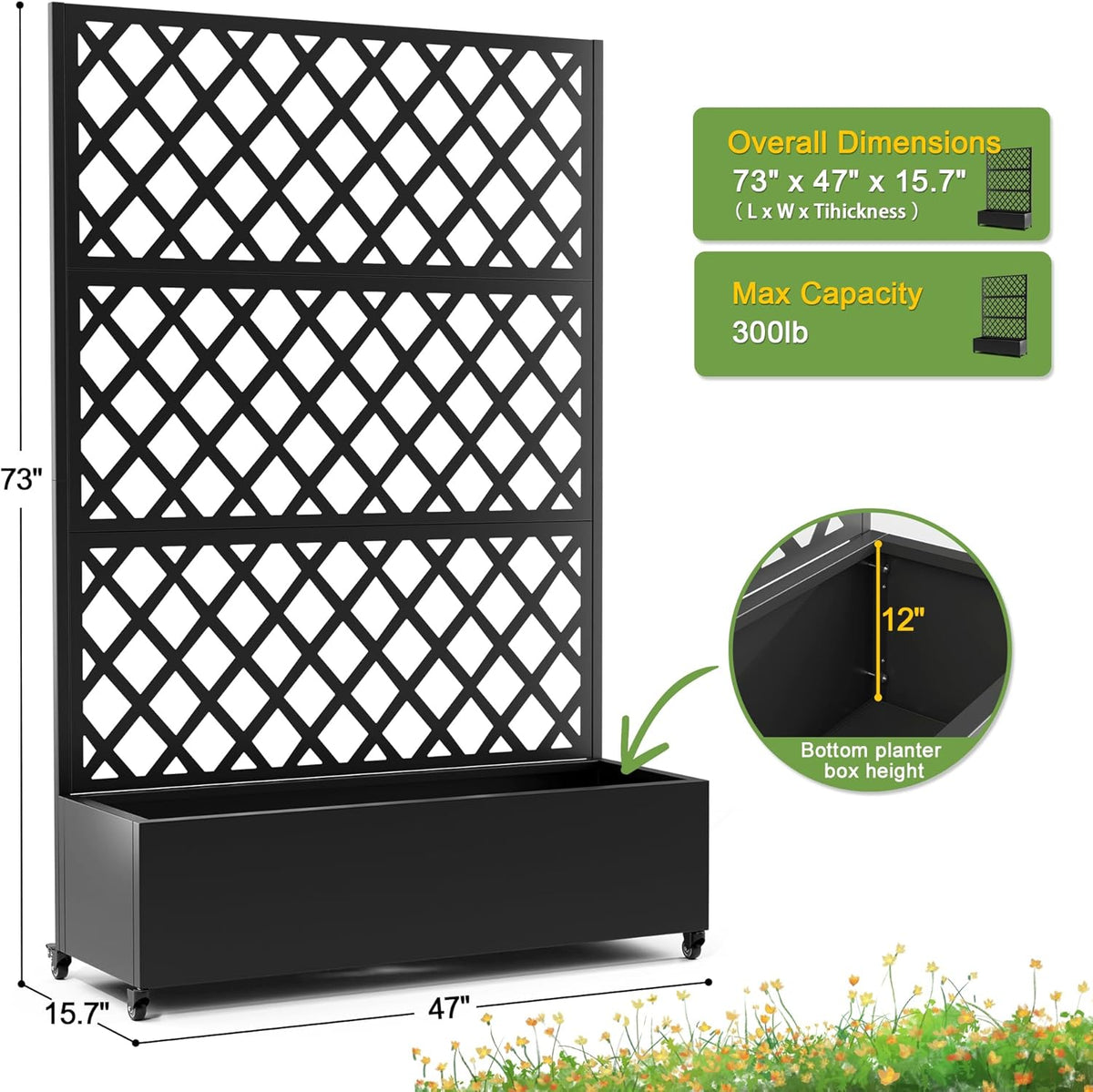 FENCY Metal Planter Box with Diamond Lattice Trellis Planter Box for Climbing Plants/Vines, Galvanized Raised Garden Bed On Wheels, Garden Bed with Trellis(73"x47" Black)
