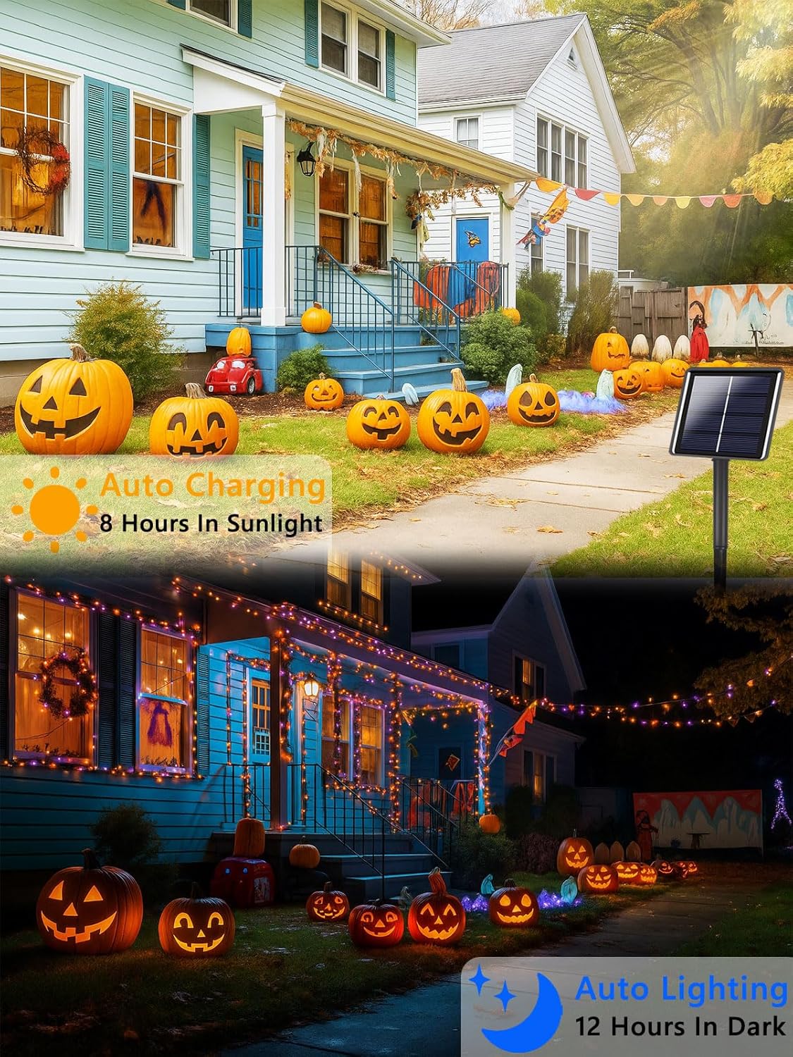 4 Pack 180FT Halloween Solar Lights Outdoor Waterproof, 320LED Orange and Purple Solar String Lights Green Wire 8 Modes, Solar Fairy Twinkle Lights for Halloween Tree Garden Horror Party Decorations