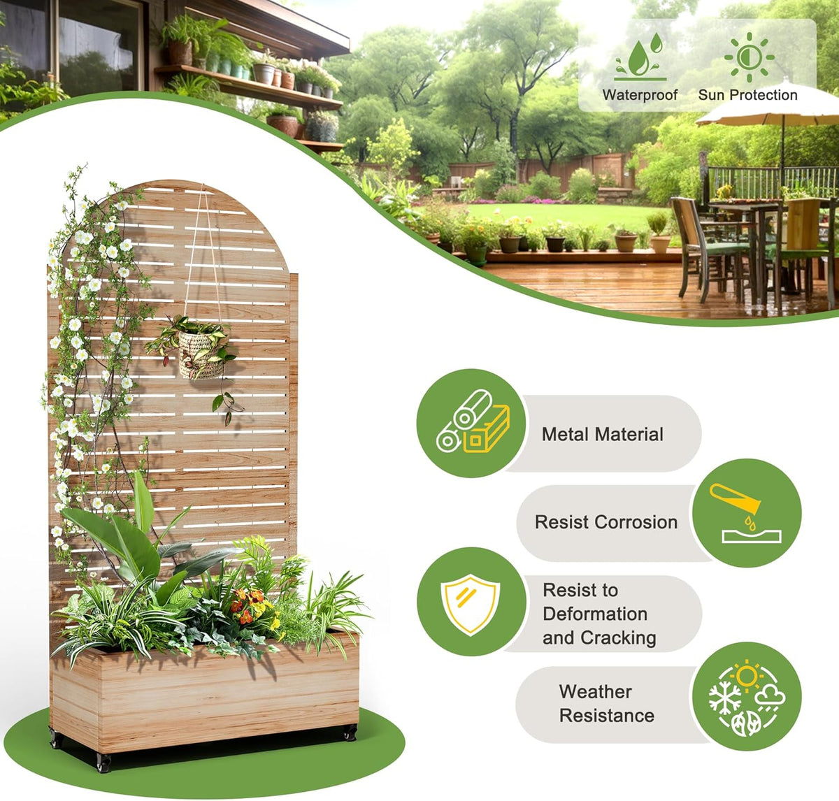 FENCY Metal Raised Garden Bed with Wheels and Trellis,Arched 73"x35"x16" Planter Box for Climbing Plants, Vegetables & Vines, Features Privacy Screen and Drainage Holes (Acacia Wood Finish)