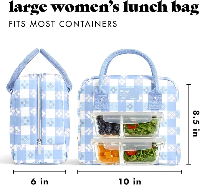 Fit & Fresh Bloomington Lunch Bag for Women - Insulated Large Lunch Box for Work with Containers, Leak-Resistant, Stain-Resistant, Zipper Closure, Cornflower Blue Picnic