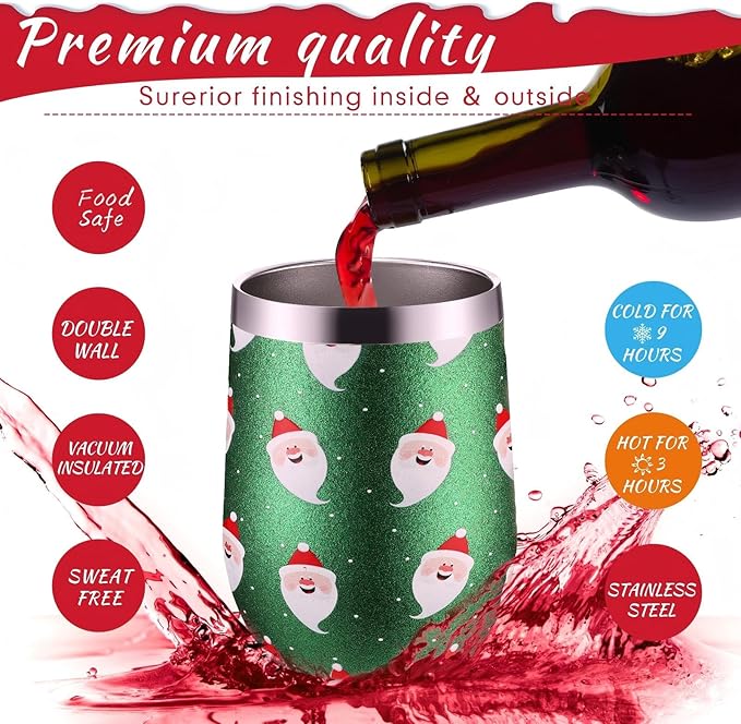 Sliner 4 Pack Pack Christmas Glitter Tumbler Bulk, 12 oz Holiday Wine Tumbler Set Stainless Steel Insulated Sparkling Glitter Cup with Lids Straws and Brushes Travel Mug Xmas Gift (Cute Style)