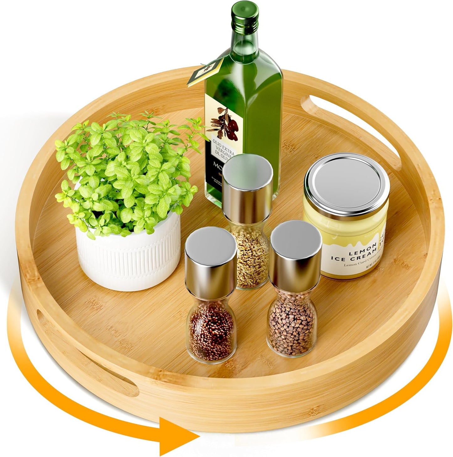 Lazy Susan Organizer Homerays 12 Inch Non-Skid Bamboo Lazy Susan for Kitchen Rotating Spice Rack with Handles, Wood Turntable for Kitchen Cabinet,Countertop (Bamboo, Medium)