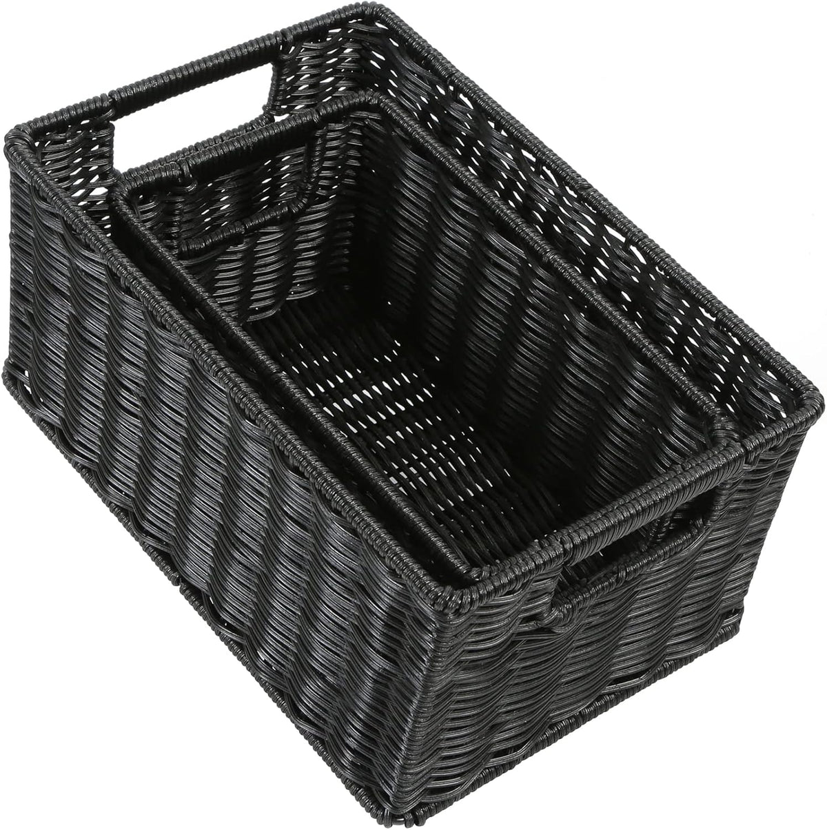 HOONEX Wicker Baskets for Storage, Plastic Baskets for Organizing with Dual Handles, Woven Baskets for Storage, Set of 2, Black