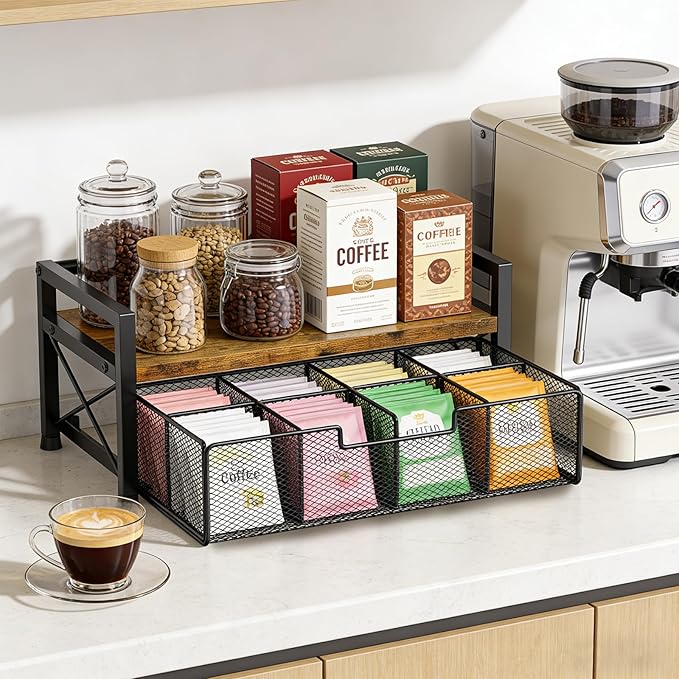 Tea Bag Organizer - Tea Organizer with 8 Compartments & Drawer, Wooden Tea Bar Storage Box, Tea Bag Holder for Countertop Kitchen Tea Station, Rustic Brown