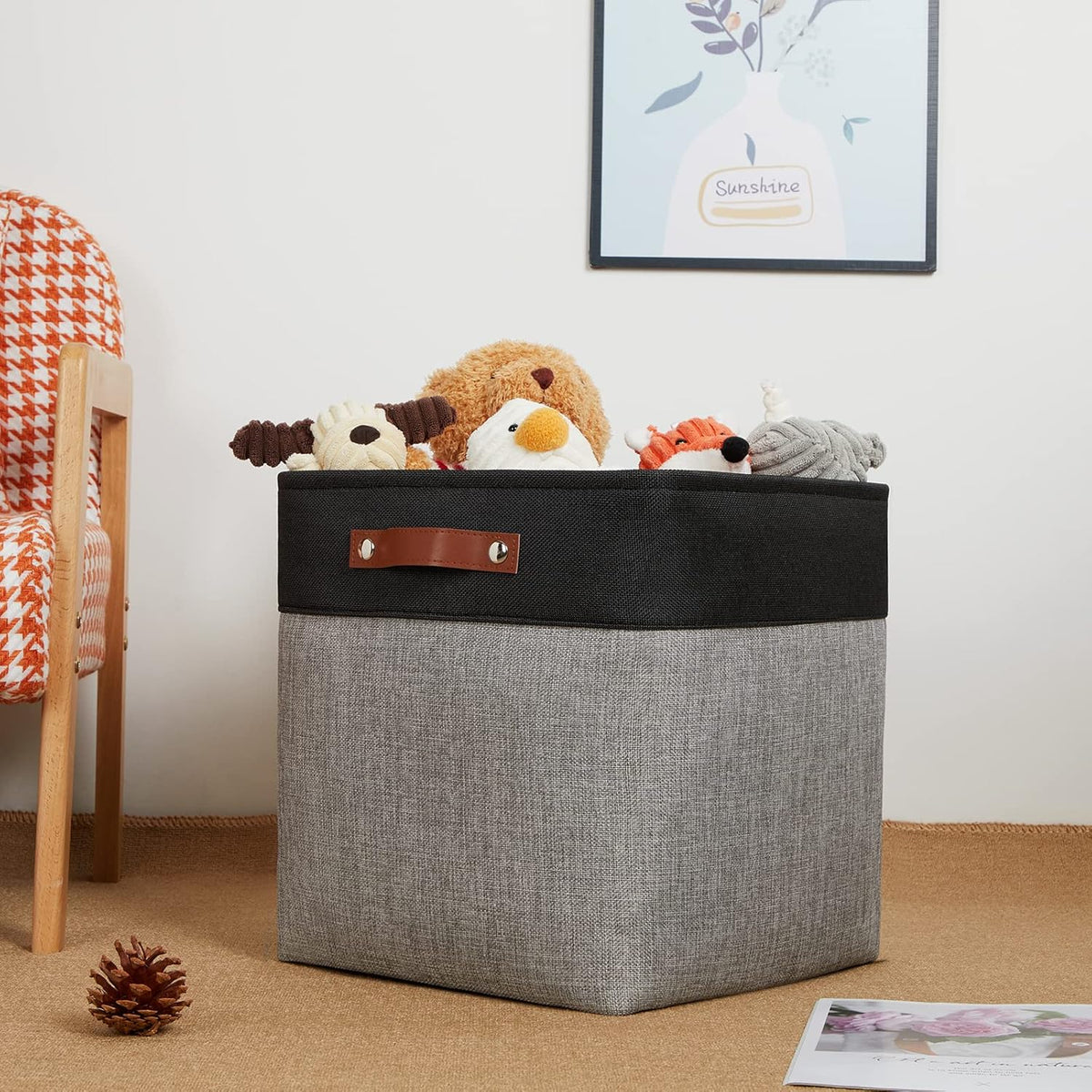DULLEMELO Storage Bins for Organizing,Closet Storage Baskets for Gift Empty,Large Linen Canvas Storage Bins with Handles for Home Office Toys Shelves(Black&Grey, 13 inch Cube)