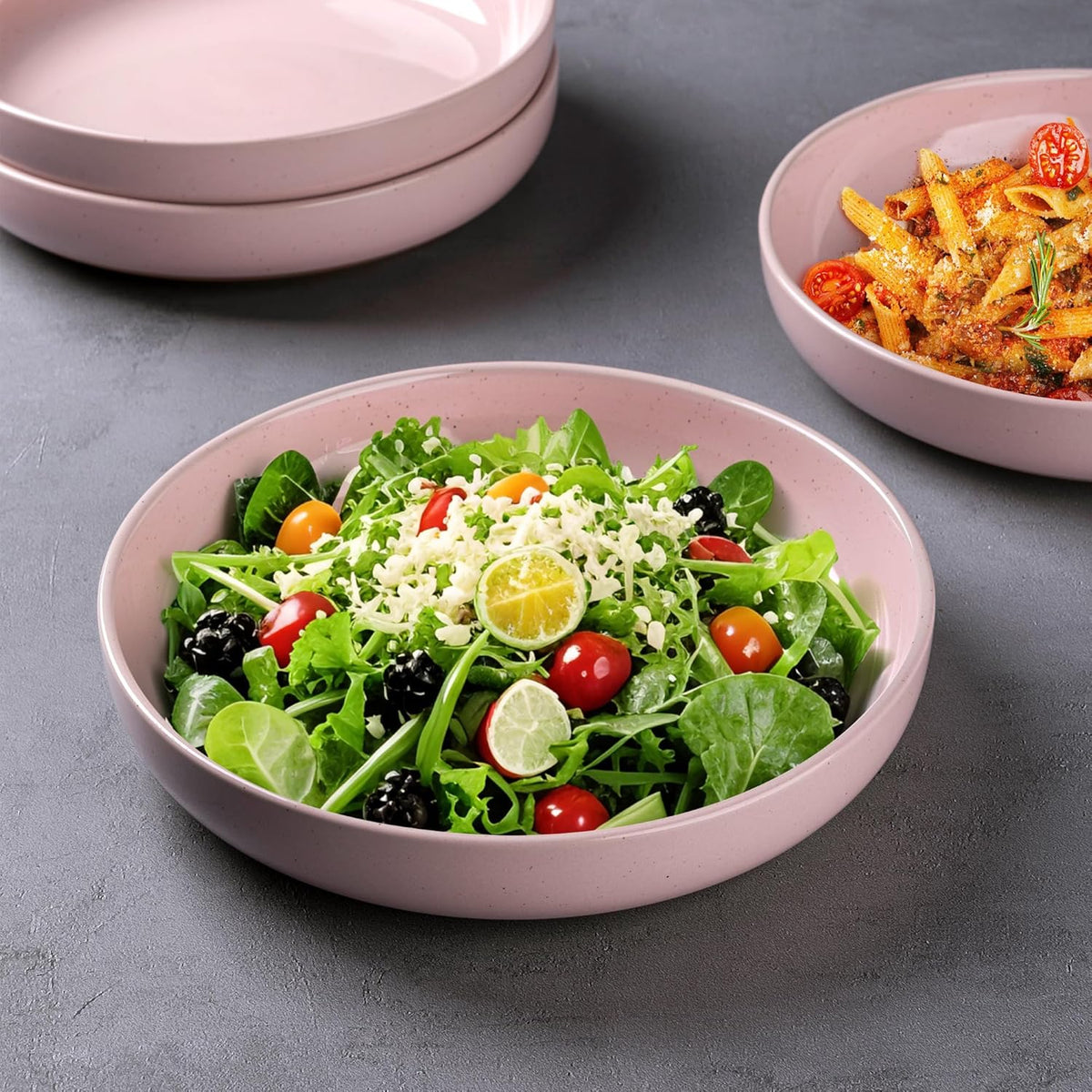 AmorArc 8.75'' Large Ceramic Pasta Bowls, 36oz Handpainted Stoneware Bowls Set of 4, Microwave&Dishwasher Safe Bowls with Rustic Terracotta Underside for Pasta Salad, Cloud Pink