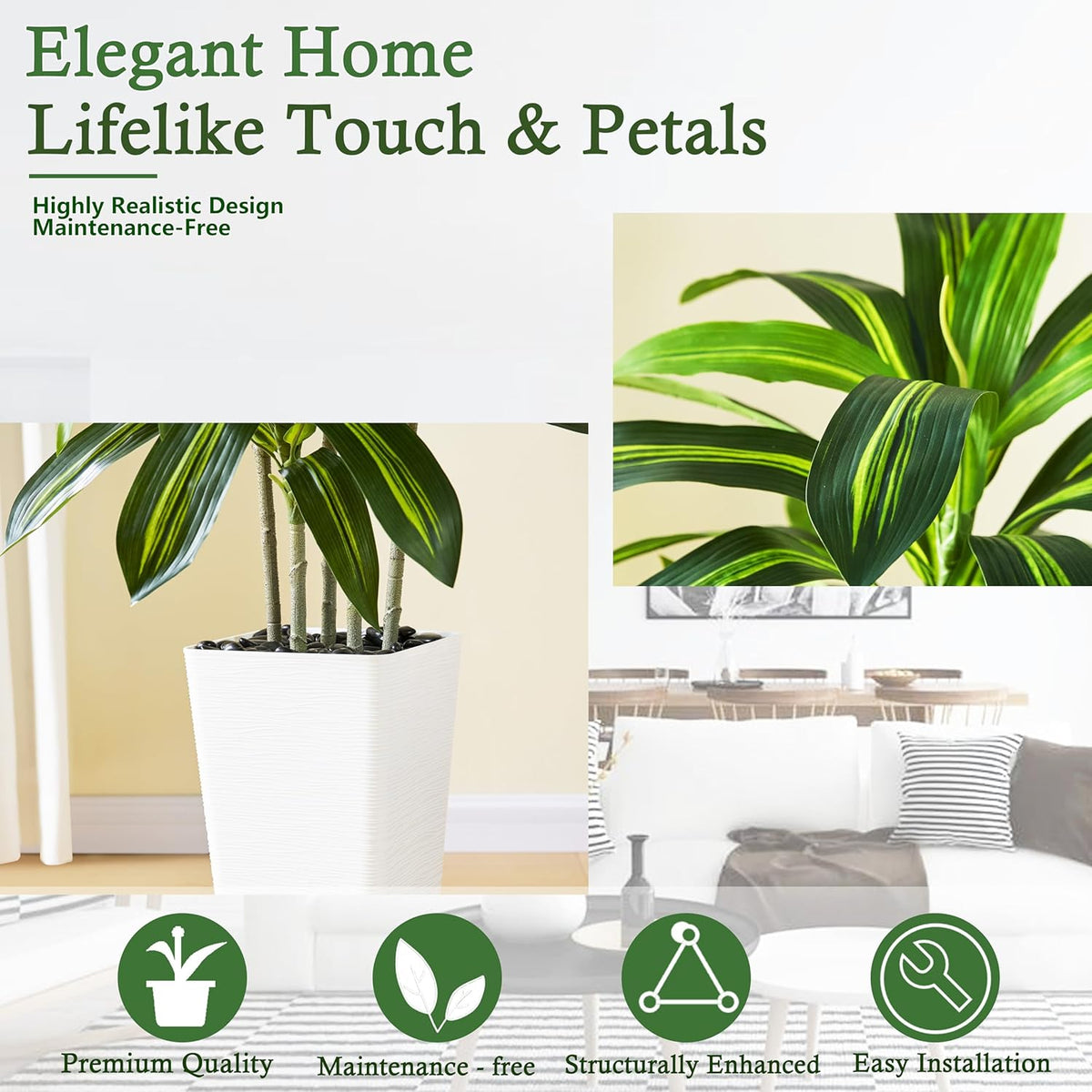 Artificial Dracaena Tree：5FT Faux Silk Tropical Yucca Floor Trees Realistic Fake Green Plant with Natural Wood Trunk & Lifelike Leaves for Home Office Decor Indoor & Outdoor (5FT,1-Pack,White)
