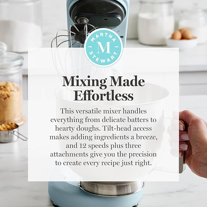 Martha Stewart Tilt-Head Stand Mixer, 12 Speed, 5.3QT Stainless Steel Bowl, Splash Guard with Pour Chute, Whisk, Dough Hook, Flat Beater, Electric Kitchen Baking Mixer, Bread, Cake, Whip, Sky Blue
