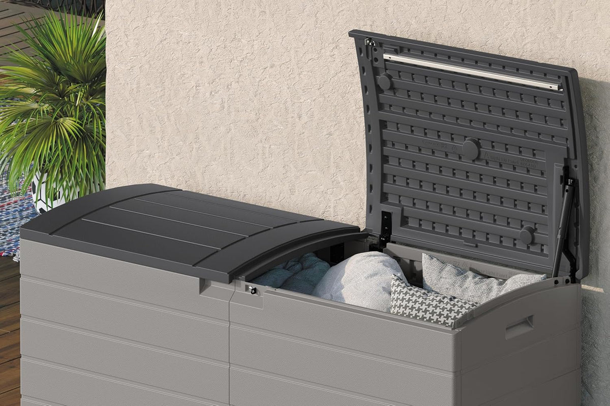 Suncast 120-Gal. All-Weather Patio Deck Box with Pad-Lockable Split Top Lid, Extra-Large Outdoor Storage Unit for Patio Furniture and Grill Tools, Made in the USA