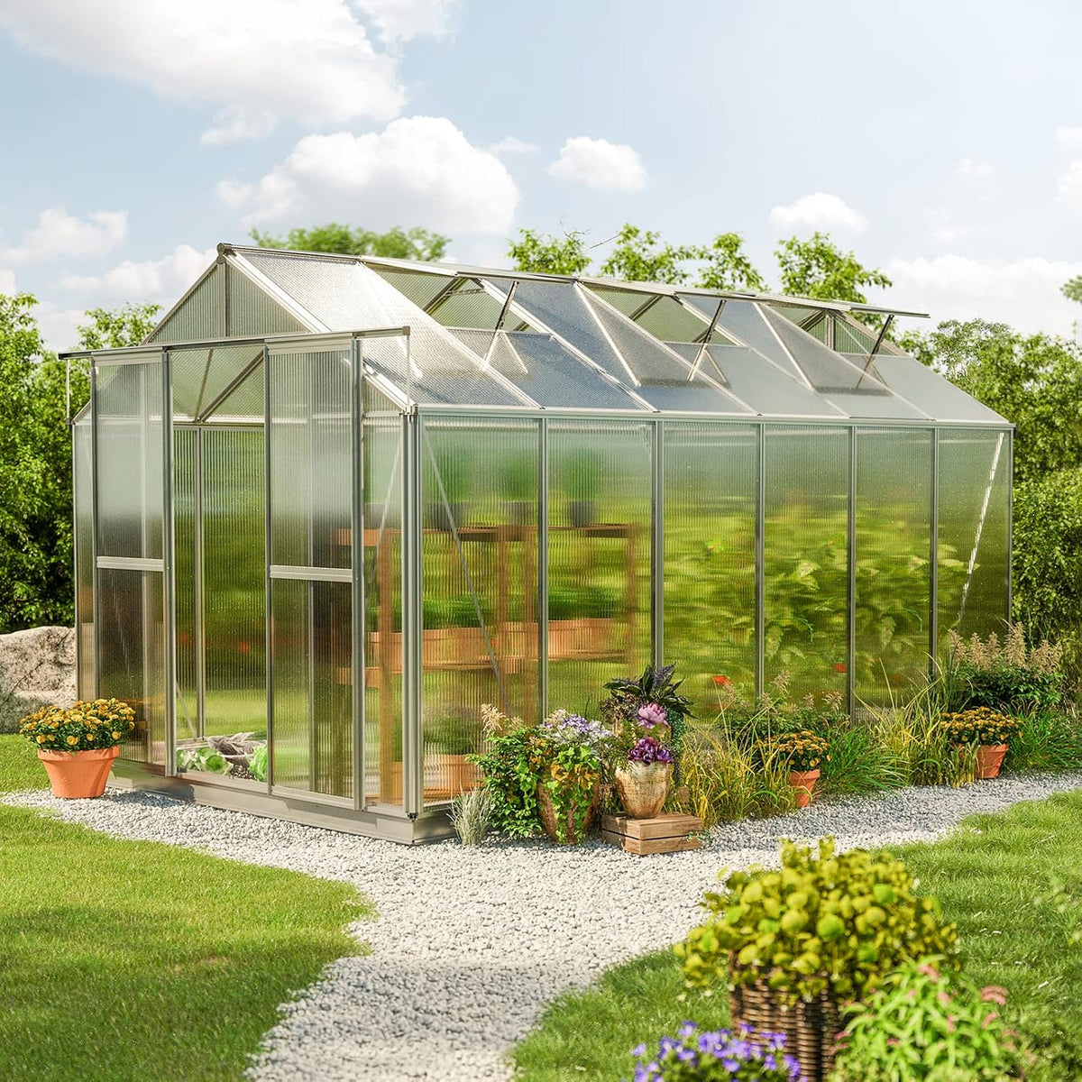 Greenhouse Saphir 6 Aluminum Frame 8.5 x 12.6 ft Approx. 6 mm Polycarbonate Panels - with Bonus Base Frame and Automatic Vent Opener