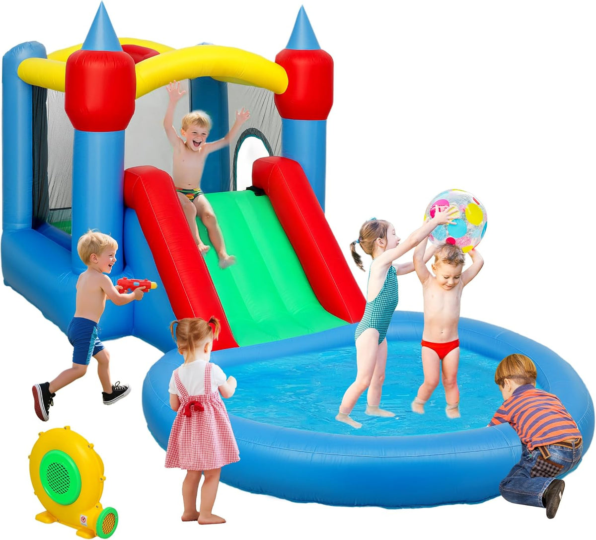 Qaba Inflatable Bounce House, 4 in 1 Bouncy Castle with Slide, Basketball Hoop, Ball Pit, 370W Blower, Storage Bag, for Outdoor and Indoor Party, Kids Backyard Play Toys, 163" x 81" x 75"