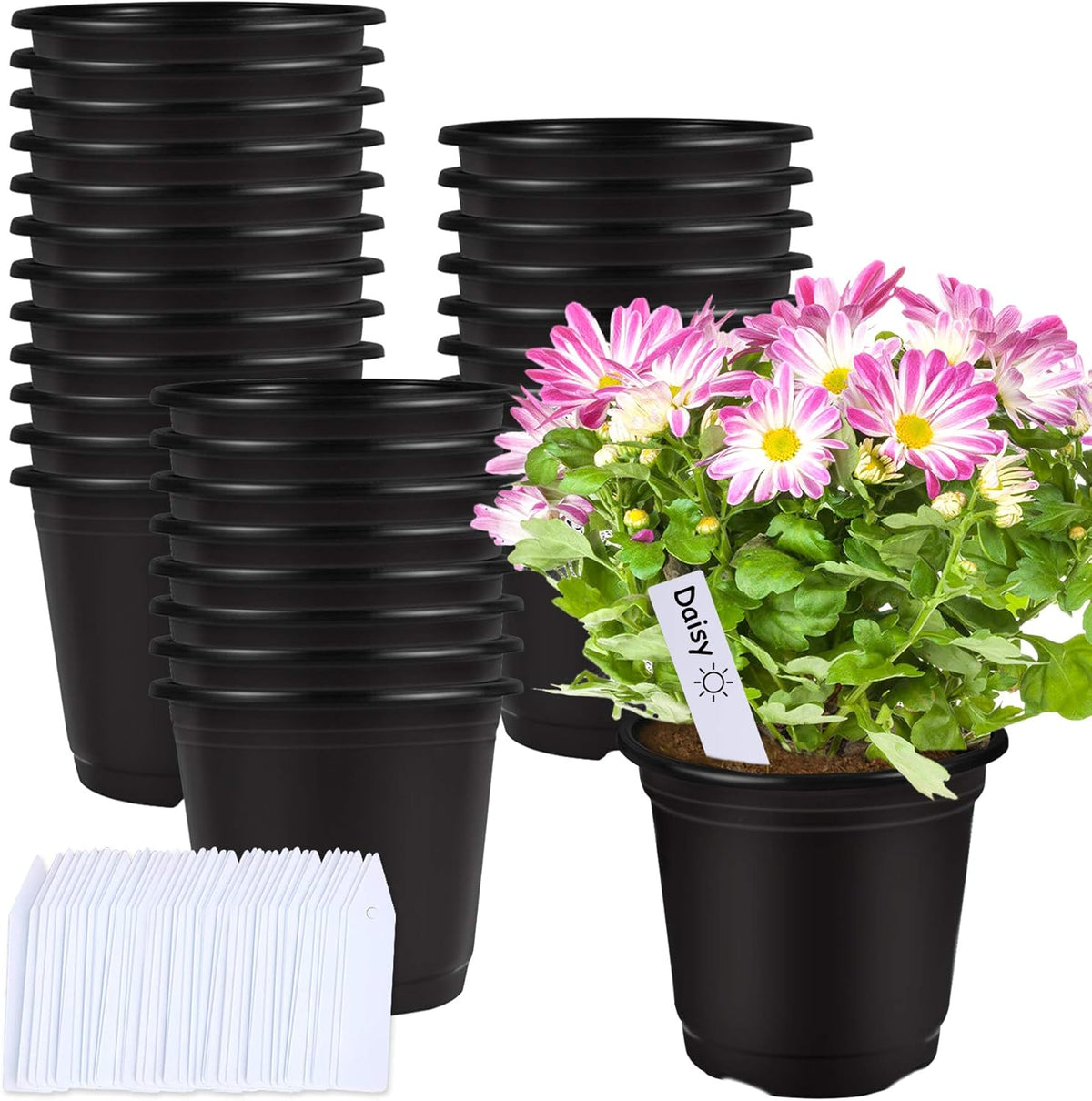 Augshy 50 Pcs 0.5 Gallon Black Plastic Plant Nursery Pots 6 Inches Seed Starting Pots Containers with 50 Labels