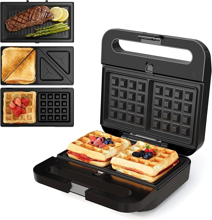 Sandwich Maker Panini Press Grill, 3 in 1 Electric Waffle Maker with Removable Non-stick Plates, Glass Top, Cool Touch Handle & Easy to Clean, 1000W