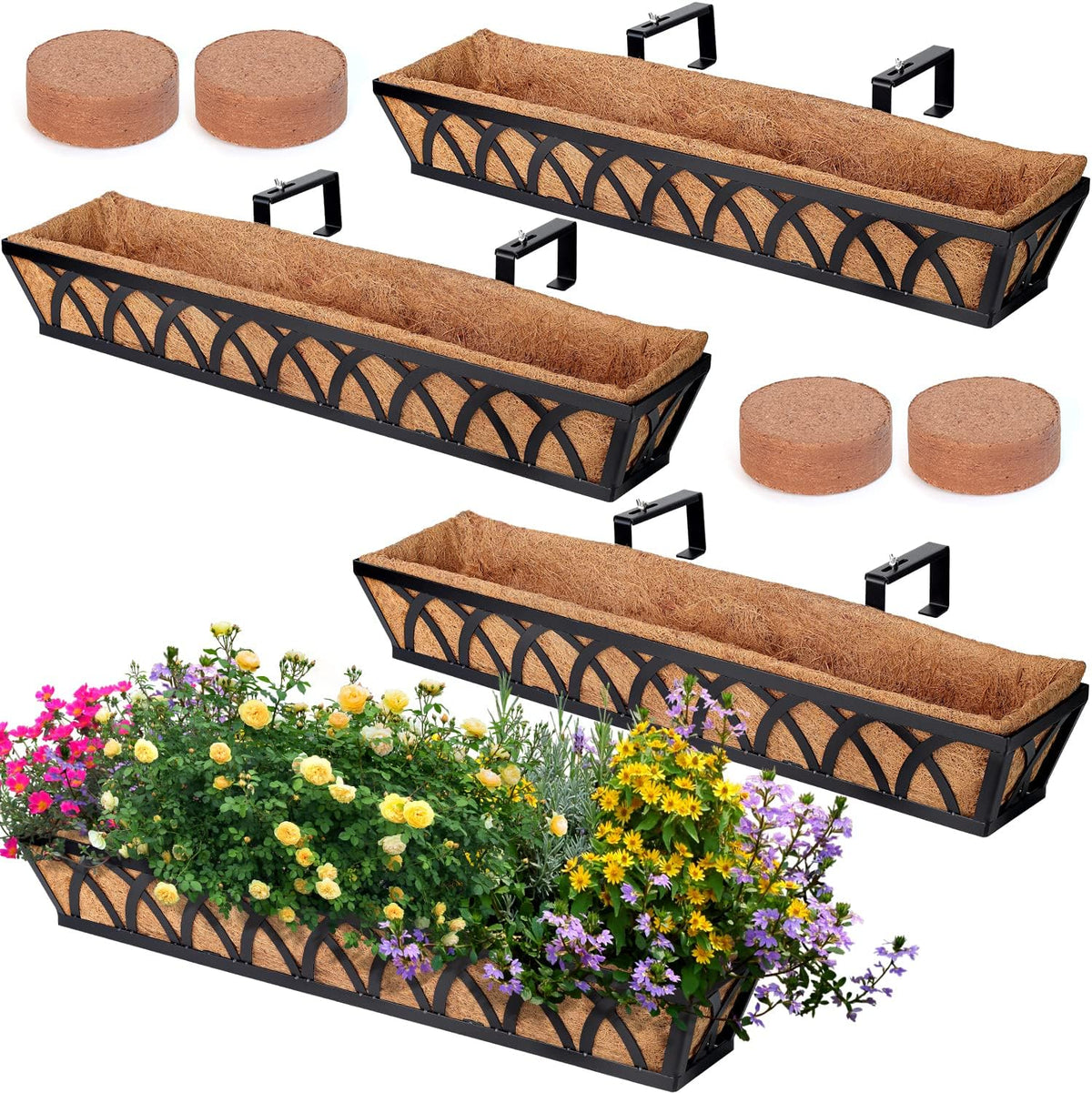 Window Box Railing, 32 Inch Black Metal Hanging Flower Planter Basket with Coco Liner for Outdoor Balcony Porch Fence Patio for Home, Office and Hotel (Black - 4 Pcs/Set)