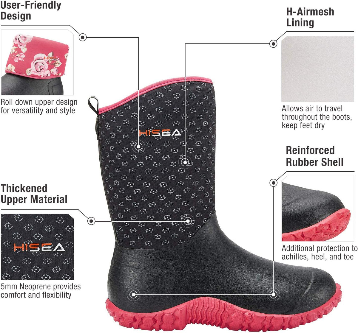 HISEA Women's Rubber Garden Boots Waterproof Insulated Yard Gardening Shoes Mid Height for Mud Working Outdoor