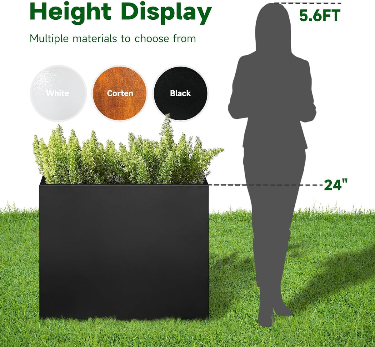 Galvanized Steel Metallic Heavy Planter for Outdoor Plants Metal Outdoor Planter Spliced Flower Box with Partitions for Outside,Indoor,Garden (Black, 32 * 15 * 24)