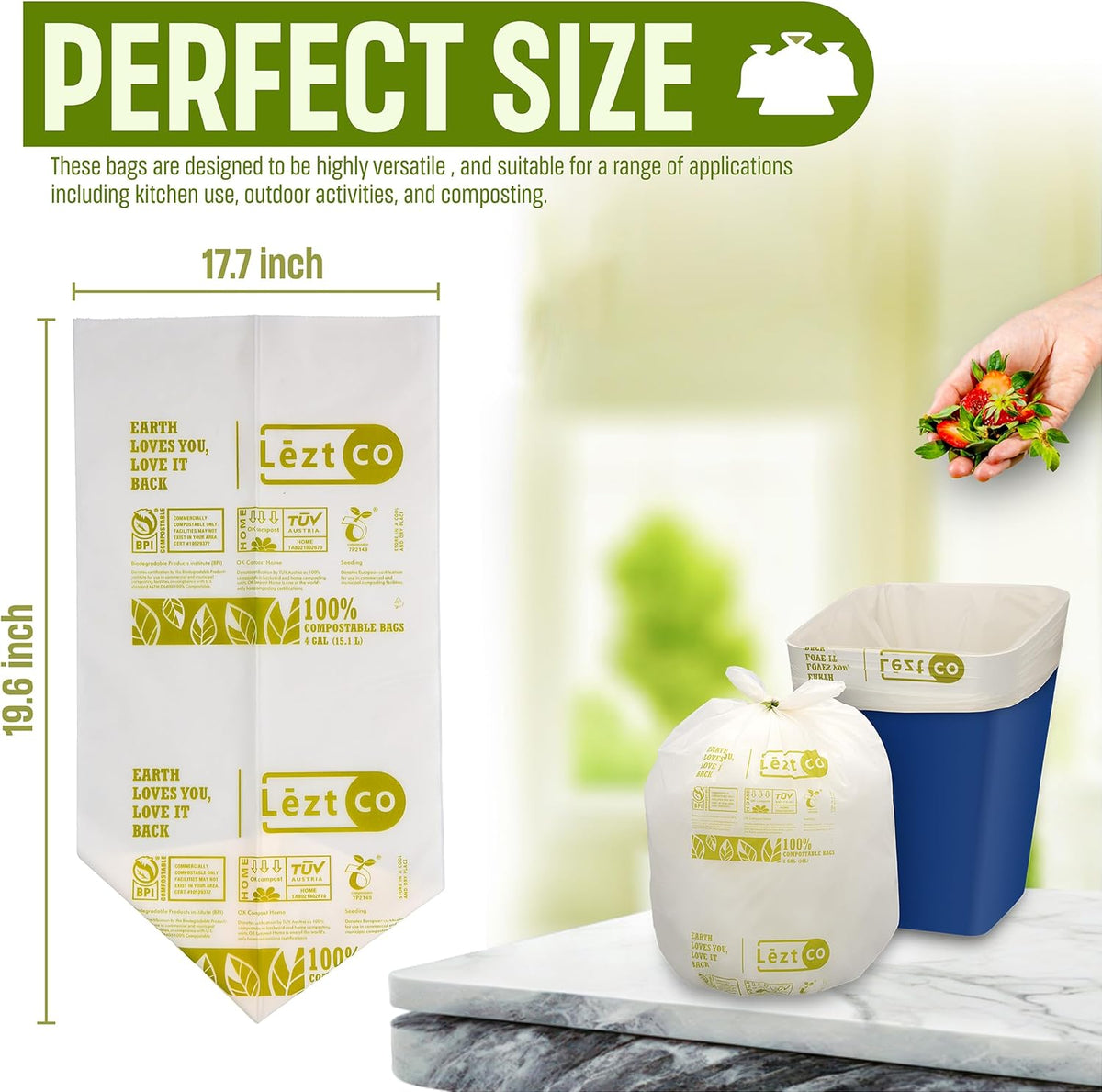 Compostable Garbage Bags | 8 Gallons, 50 Count, 28" x 21.6" | Waste Disposal bags for Kitchen | Plant-Based Starsealed Bags | Indoor & Outdoor | Food Scrap Waste Bags