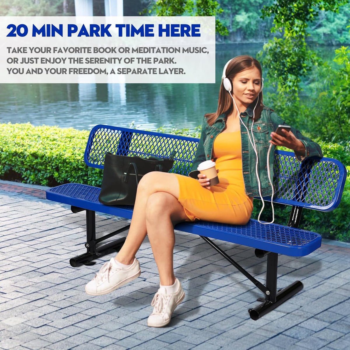 Outdoor Garden Bench, Cast Iron Metal Frame Patio Park Bench with Backrest, Portable Expanded Metal Black Bench, Commercial-Grade Outdoor Seating for Lawn, Patio, Park, Yard, Garden (Blue, 6FT/72')