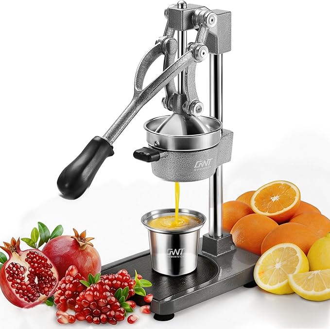18 Inch Height Commercial Heavy Duty Cast Iron Hand Press Manual Orange Citrus Lemon Lime Grapefruit Pomegranate Fruit Juice Squeezer Machine with Stainless Steel Cup and Durable Base Grey