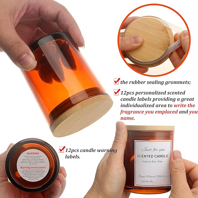MILIVIXAY 12 Pack 12 OZ Amber Glass Candle Jars with Lids and Candle Making Kits - Bulk Empty Candle Jars for Making Candles - Spice, Powder Containers.