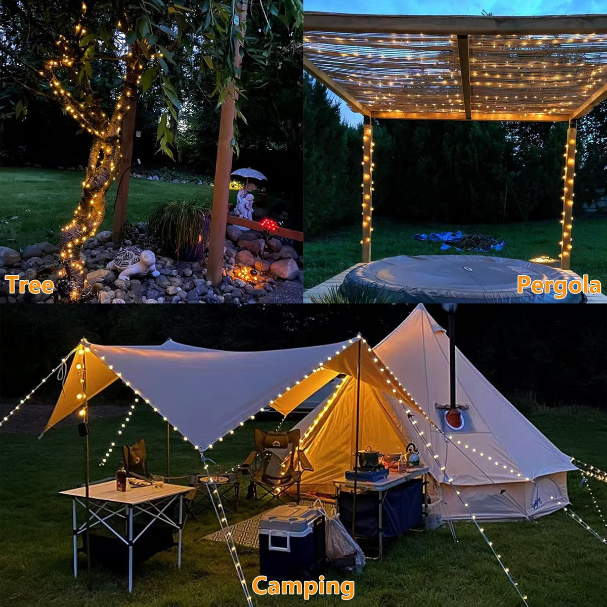 YEGUO Solar Fairy Lights Outdoor Waterproof, 4 Packs Each 33ft 100 LED Christmas Lights Warm White, 8 Modes Silver Wire Twinkle String Lights