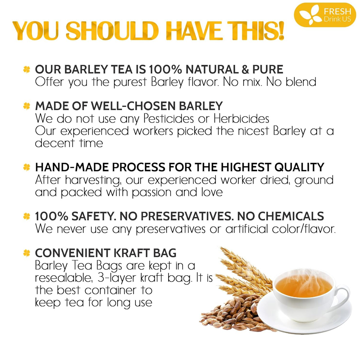 FreshDrinkUS Premium 50 Barley Tea Bags, 100% Natural & Pure. Loose Barley Herbal Tea. Made with Natural Material Tea Bags. No Sugar, No Caffeine, No Gluten, Vegan