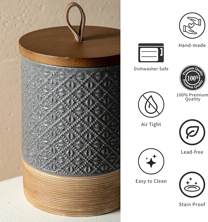 Miamolo Ceramic Jar with Lid Airtight, Coffee Canister Kitchen Food Storage Jars for Spice Sugar Salt, Coffee Bar Accessories Decorative Container for Countertop - Gray & 42 fl.oz