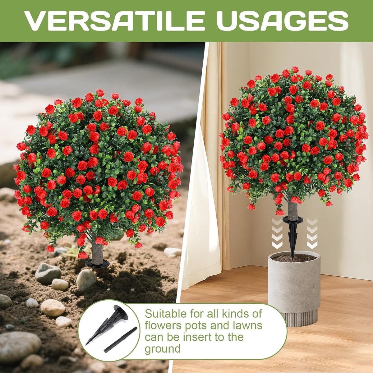 Artificial Red Rose Topiary Ball Tree 25" with Ground Spike, Set of 2 Artificial Boxwood Bushes for Faux Shrubs, Fake Evergreen Faux Plant for Indoor Outdoor Porch Garden -UV Resistant–Fade-Proof