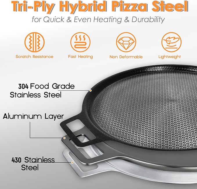 Laser-etched Nonstick Pizza Steel, 3-Layer Hybrid Steel Pizza Pan with Aluminum Core, Better Thermal Conductivity than Stone, Safe Up to 900°F, Food-grade Non-stick Oven Baking Pan, PTFE & PFAS Free