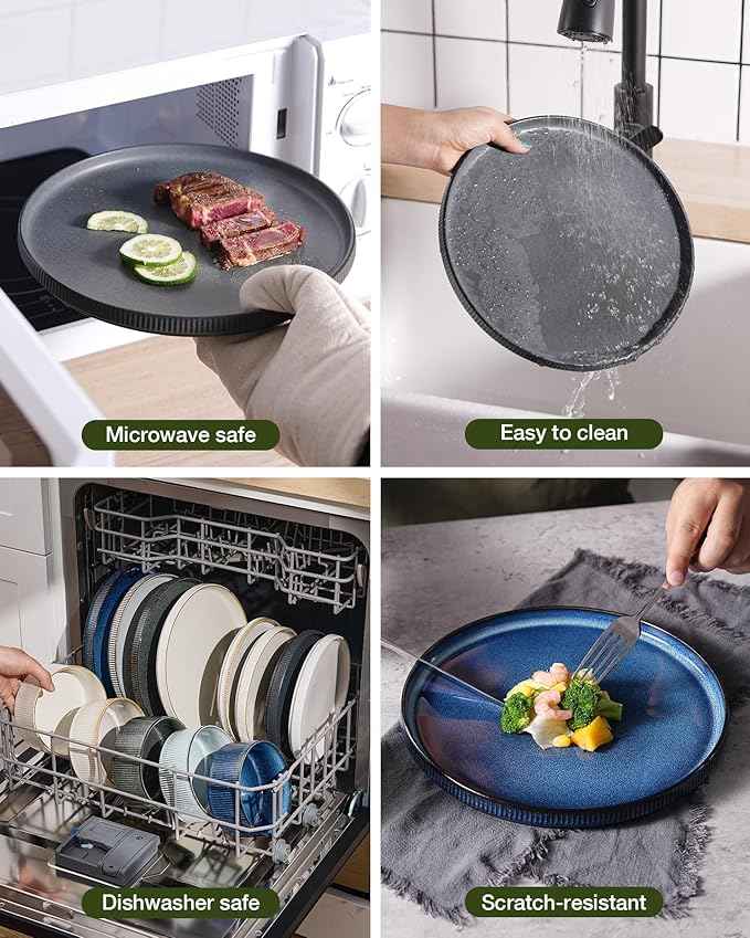 Famiware Star Dinnerware Set with Pasta Bowls, Service for 6 (24 Pieces), Ribbed Stoneware Plates and Double Bowls Sets - Chip & Scratch Resistant, Microwave & Dishwasher Safe, Matte Dark Charcoal