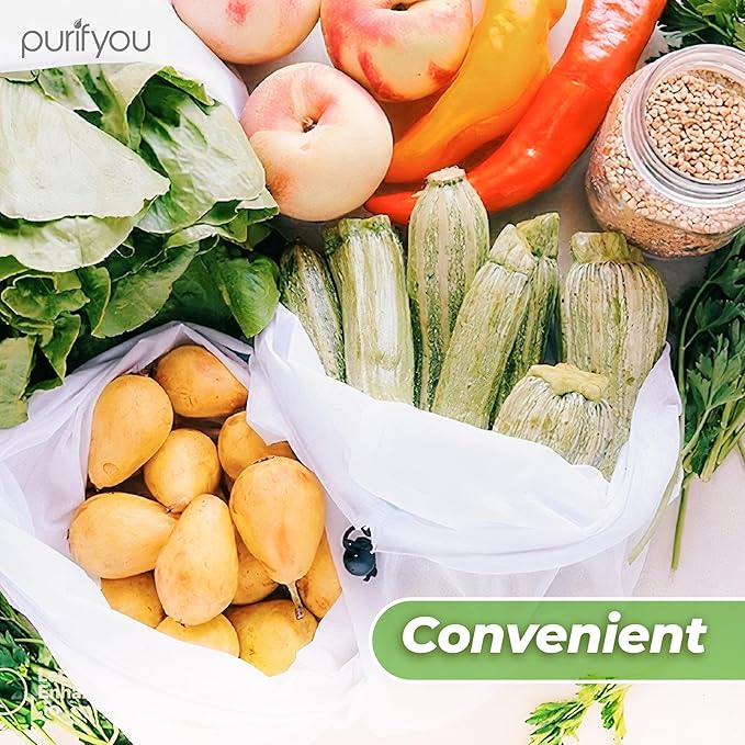 purifyou Set of 10 Reusable Produce Bags - Large (12x14), Farmers Market Bags, Washable Shopping Bags, Gift Bags, Storage for Fruits, Vegetables, Toys, Groceries, Kitchen and Home Organizer