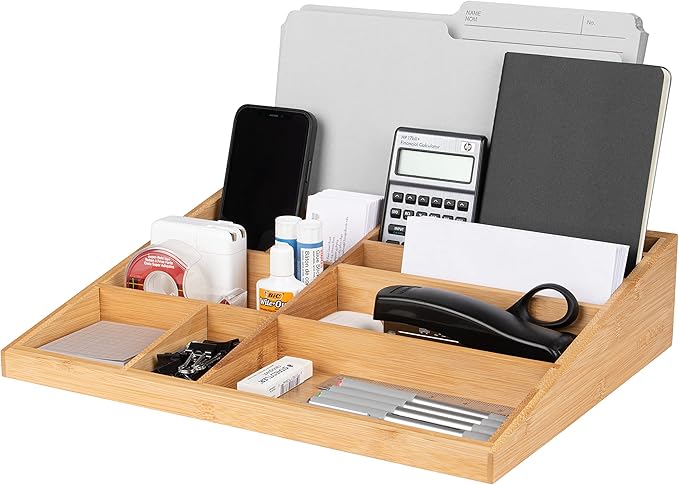 Theodore Bamboo Desk Organizer, 10 Compartment Desktop Organizer for Office Supplies, Mail, Pens and Notebooks, Wooden Countertop Organizer for Home Office Desk