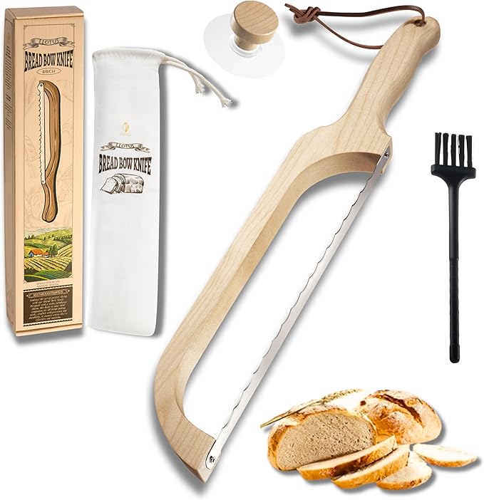 LLOTUS Bread Knife Package Slicer for Sourdough Bread, 16.5" Premium Wooden Bow Design, Premium Stainless Steel Serrated Saw, Cutter for cutting Loaf, Sandwich, Bagels, Homemade Bread (Birch)