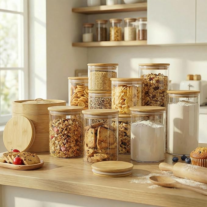 HomArtist Extra Large Glass Flour and Sugar Storage Containers with Airtight lid,105 floz x1 & 48 floz x1 [Set of 2] Big Glass Jars with Bamboo Lids, Air Tight Food Jar for Cereal, Pasta, Rice, Coffee
