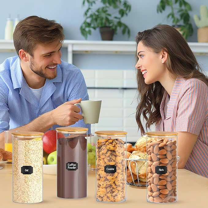 BGraceyy Glass Jars with Bamboo Lids, 58 oz 3 Pcs Kitchen Glass Containers with Bamboo Lids, Airtight Glass Pantry Storage Containers with Lids for Rice, Flour, Nuts, Cookie, Pasta, Oatmeal, Bean