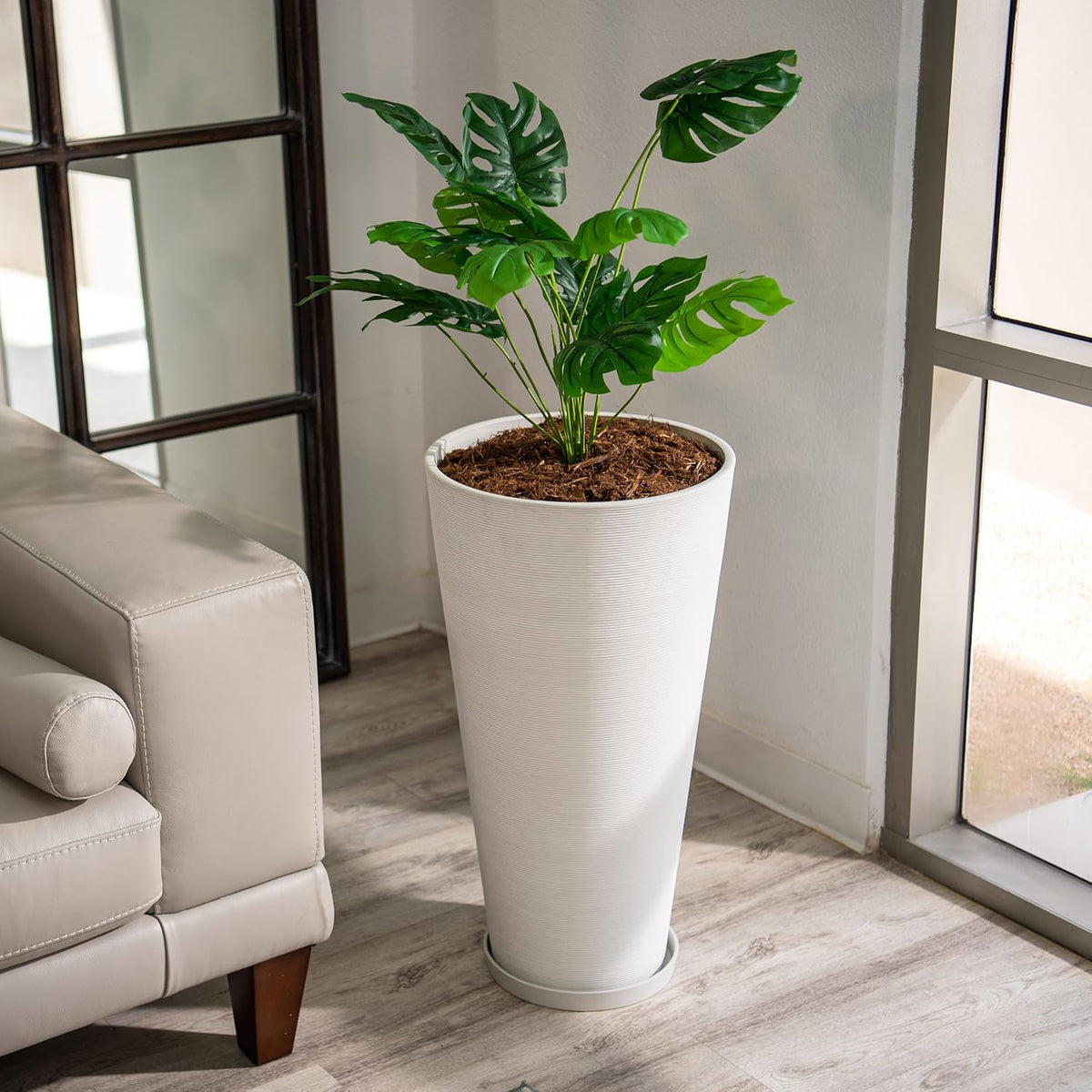XBrand Modern 28-Inch Tall Round Planter, Modern Tapered Planter Perfect for Indoor & Outdoor Planter, Patio Décor, White