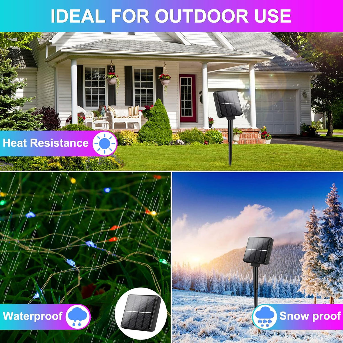 Brightever 4-Pack Solar Outdoor String Lights 288FT, Each 72FT 200 LED Solar Powered Multicolored Fairy Lights Waterproof, 8 Modes RGB Twinkle Lights for Christmas, Halloween Decorations