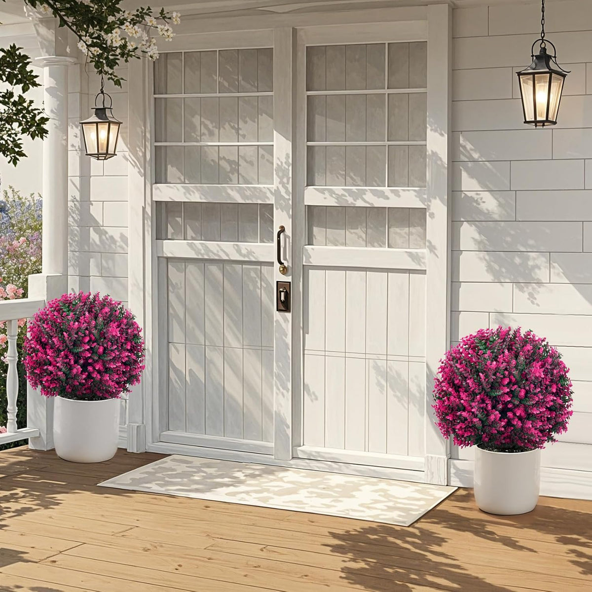 Artificial Topiary Tree with Pink Eucalyptus, Set of 2-17in UV Resistant Fake Evergreen Tree for Porch, Outdoor Artificial Plants for Planters - Ground Spike Included FZHCZWZX