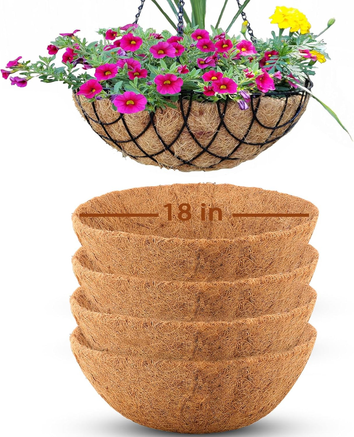 4 Pcs of 18-Inch Hanging Basket Coco Liners Replacement - Natural Round Coconut Fiber Planter Basket Liners for Hanging Basket Flowers