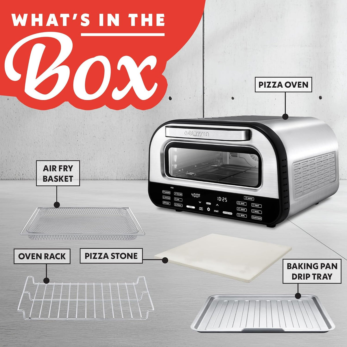 Gourmia Indoor Pizza Oven Air Fryer Toaster – 1800W Countertop Multi-Cooker with Pizza Stone, Digital Controls & 6 Presets – Bake, Toast, Broil, Dehydrate & More