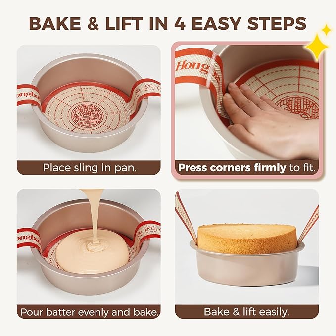 HONGBAKE 8 Inch Round Cake Pan Set for Baking with 2 Pcs Silicone Baking Sling Mats, Nonstick Circle Cake Pans Set of 2, 2.5" Deeper Layer Cake Tin for Oven, Cheesecake Mold, Huty Duty, Golden
